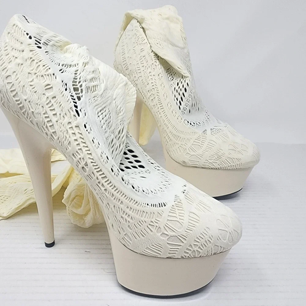 Cream‎ Lace Thigh High Stiletto Stocking Boots Platform Heels Size 6